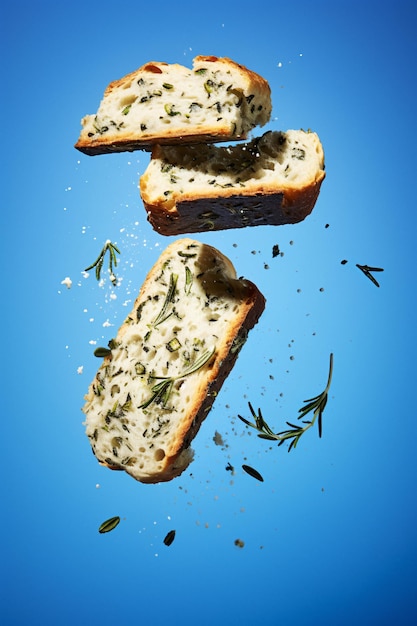 Wibrujące kromki chleba nasycone ziołami i przyprawami zawieszone w powietrzu generowanym przez sztuczną inteligencję