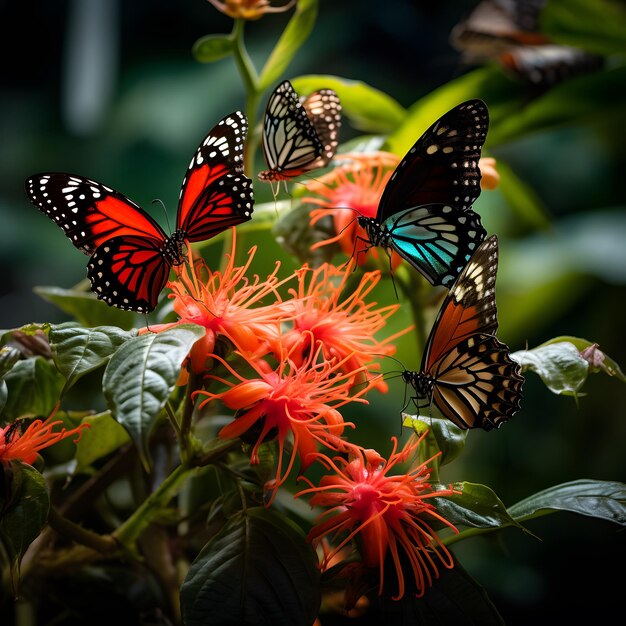 Wibrujące motyle siedzące na tropikalnych kwiatach pokazują delikatną równowagę natury
