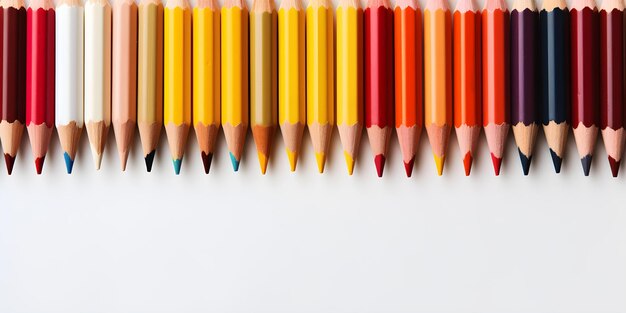 Wibrujące ołówki w rzędzie otoczone szczelinami ołówków na białym stole Koncepcja Kolorowe ołówki Materiały artystyczne Kreatywność Jasna przestrzeń robocza Materiały do rysowania