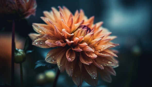 Wibrujące płatki z kroplą deszczu na kwiatku dalii wygenerowane przez sztuczną inteligencję