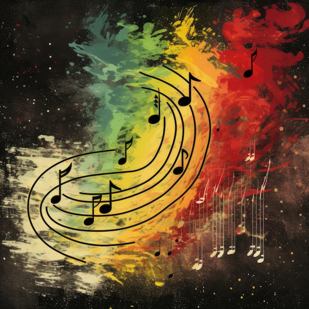 Zdjęcie wibrujące, urzekające symbole muzyczne w stylu vintage wirujące w tornado w kolorze czerwonym, żółtym i zielonym