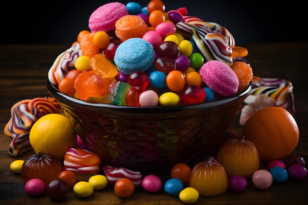 Wibrujący asortyment kolorowych cukierków i słodyczy na rustykalnym drewnianym stole Generacyjna sztuczna inteligencja
