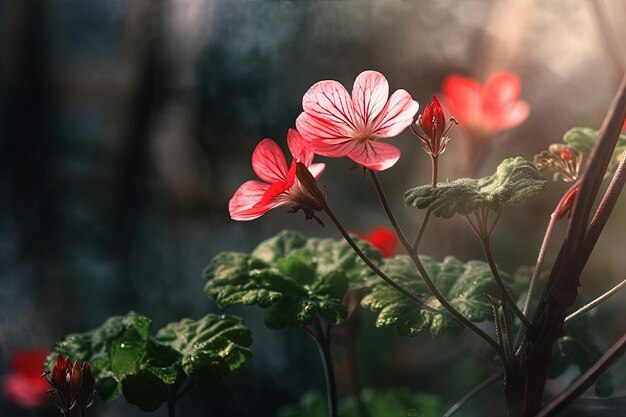 Wibrujący czerwony kwiat kwitnący na bujnej zielonej roślinie stworzony za pomocą technologii Generative AI