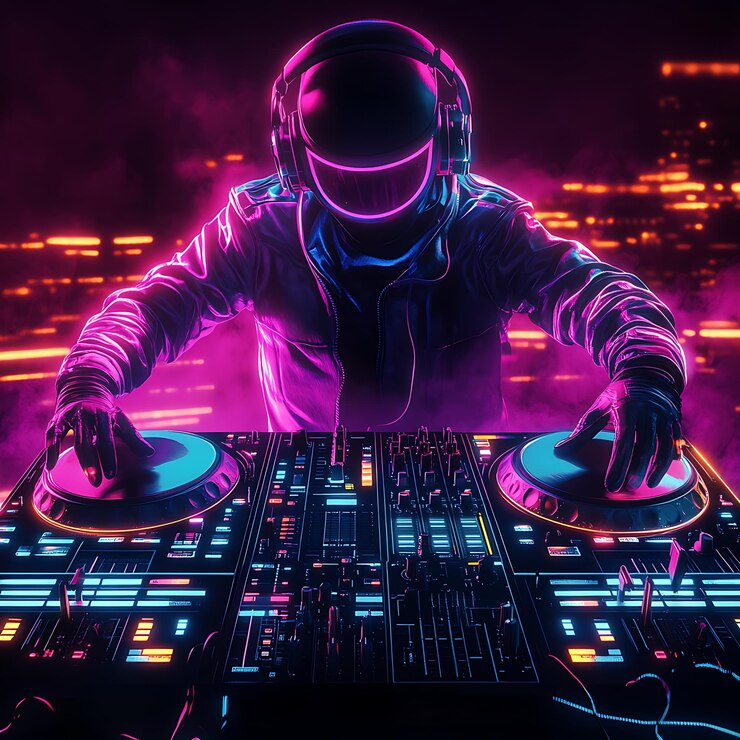 Wibrujący DJ miksuje beaty w neonowej świetle