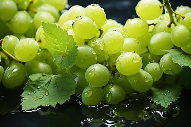 Wibrujący i odświeżający obraz stockowy Kiść zielonych winogron z błyszczącymi kropelkami wody Generat...