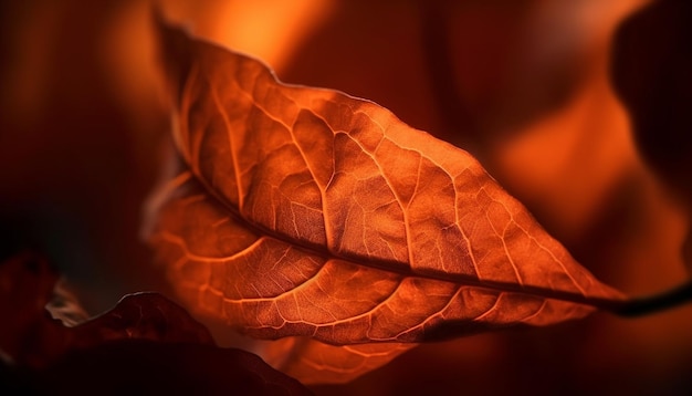 Wibrujący jesienny liść świeci w świetle słonecznym generowanym przez sztuczną inteligencję