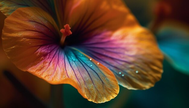 Wibrujący kwiat hibiskusa mokry od rosy w tropikalnym ogrodzie generowanym przez sztuczną inteligencję