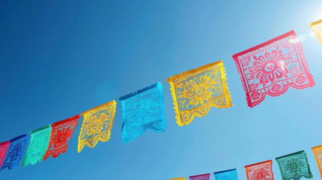 Wibrujący meksykański papel picado latający na czyste niebieskie niebo Cinco de Mayo banner AI Generated