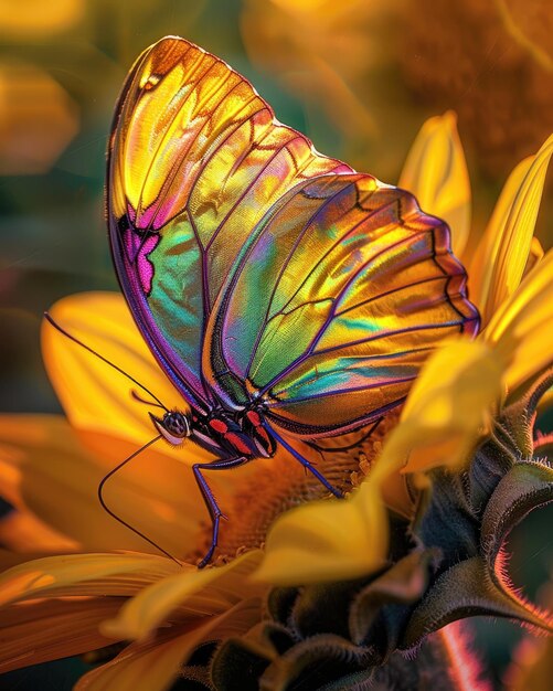 Wibrujący motyl delikatnie siedzący na płatkach kwitnącego słonecznika