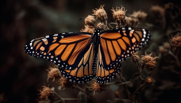 Wibrujący motyl monarcha zapyla cętkowany kwiat w naturalnym pięknie generowanym przez sztuczną inteligencję