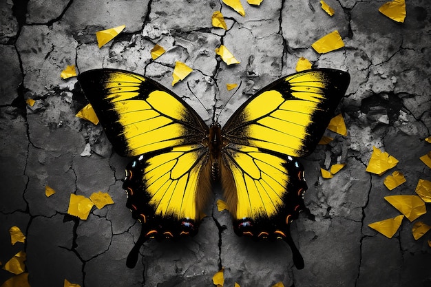Wibrujący motyl na żółto-czarnej tapecie