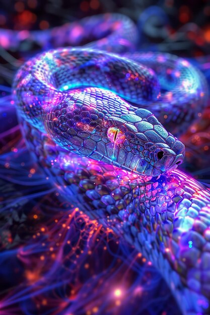 Zdjęcie wibrujący neonowy wąż na dynamicznym elektrycznym tle