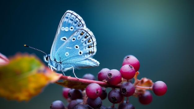 Wibrujący niebieski motyl na jagodach