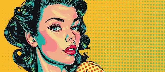Wibrujący pop art portret kobiety z falistymi włosami na kropkowanym żółtym tle
