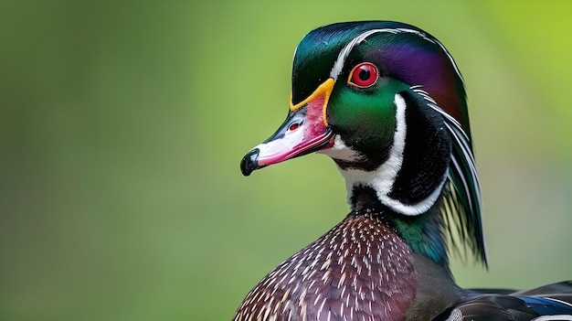 Zdjęcie wibrujący portret kaczki drewnianej uchwycony w naturalnym środowisku zbliżenie wspaniałe kolory fotografia dzikiej przyrody idealna do ilustracji i tematów przyrody sztuczna inteligencja