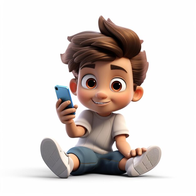 Zdjęcie wibrujący rendering 3d przedstawiający chłopca pochłoniętego grą na telefonie komórkowym z radosnym wyrazem twarzy