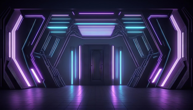Wibrujący, świecący fioletowy i niebieski laser neonowy na futurystycznej scenie SciFi Generative ai