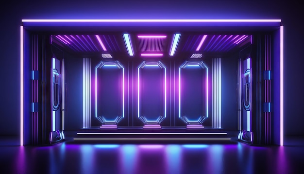 Wibrujący, świecący fioletowy i niebieski neonowy laser na futurystycznej scenie SciFi Generative ai