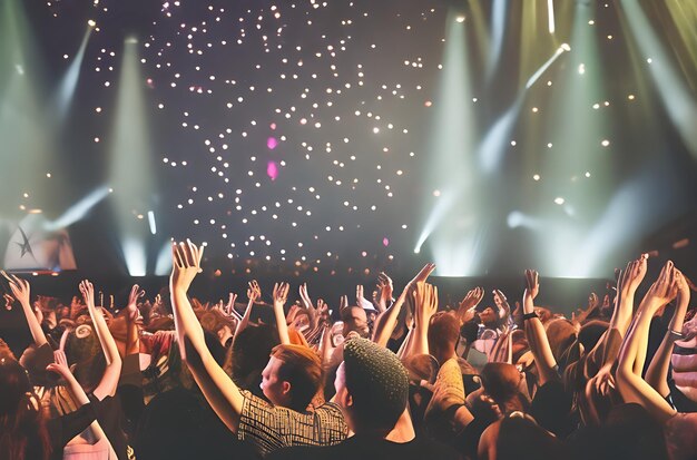 Wibrujący tłum ludzi z rękami podniesionymi w powietrze oświetlonymi światłami sceny
