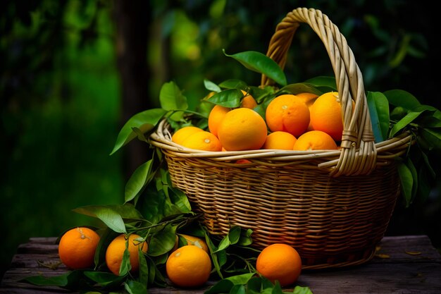 Wicker koszyk wypełniony pomarańczami na drewnianym stole Generatywna sztuczna inteligencja