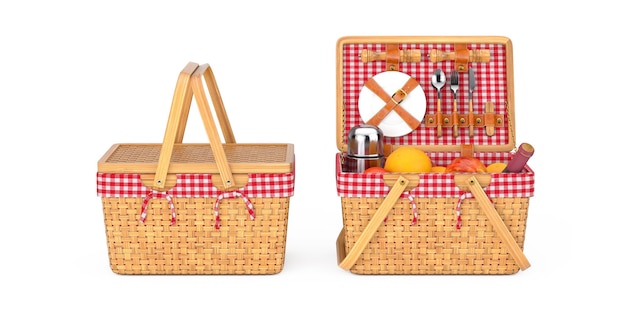 Zdjęcie wicker picnic wooden basket with tableware food and drink picnic set rendering 3d