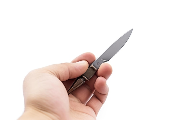 Widać osobę trzymającą nóż w ręku, mocno go chwytającą. Nóż jest ostry i ostry, odbijając światło. Izolowany na przezroczystym tle PNG