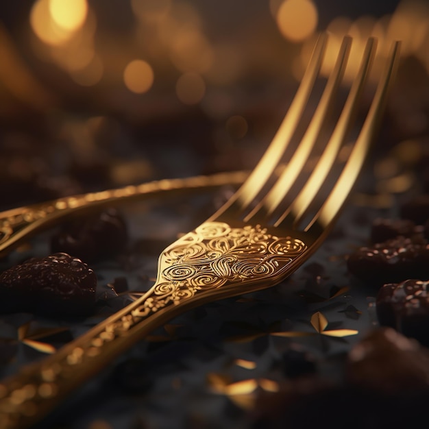 Widelec ze złotym wzorem leży na stole z czekoladkami.