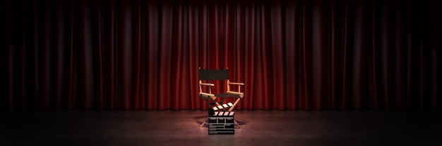Wideo, film, koncepcja kina. Krzesło reżysera i klapa filmowa. renderowania 3D