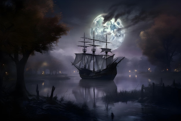 Zdjęcie widmowy statek piracki żegluje pośród niesamowitej ciszy po pokrytym mgłą jeziorze, w którym odbija się pełnia księżyca. jego nieumarła załoga przygotowuje się do upiornego poszukiwania skarbów na halloween.