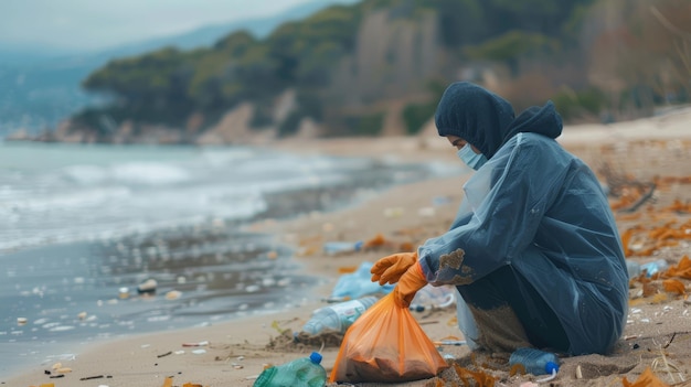 Widok boczny anonimowej osoby w odzieży ochronnej z pomarańczowymi rękawiczkami siedzącej na brzegu plaży podczas zbierania śmieci na niewyraźnym tle