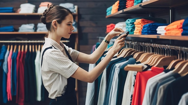 Widok boczny asystentki sklepowej sprawdzającej towary w sklepie z odzieżą