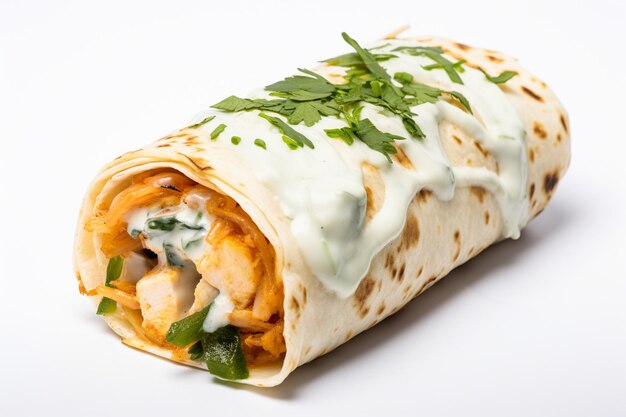 Widok boczny burrito z krewetek na białym tle