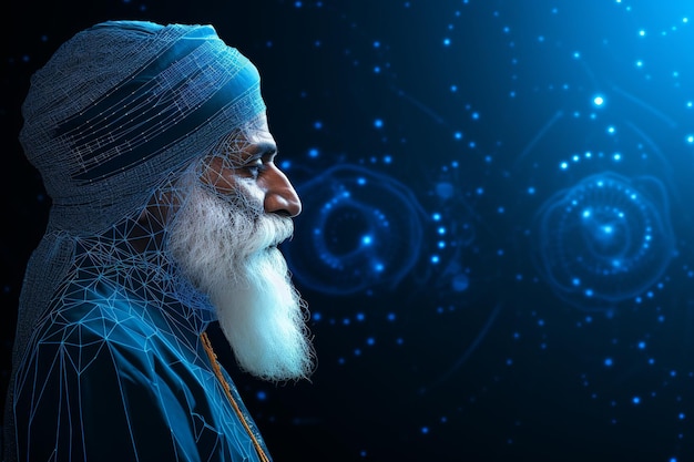 Widok boczny ilustracja Guru Nanak z niebieskim tłem neuronowym