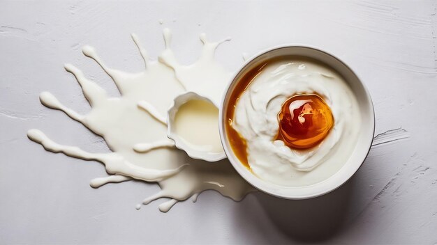 Widok boczny jogurtu i mleka na białej powierzchni poziomej