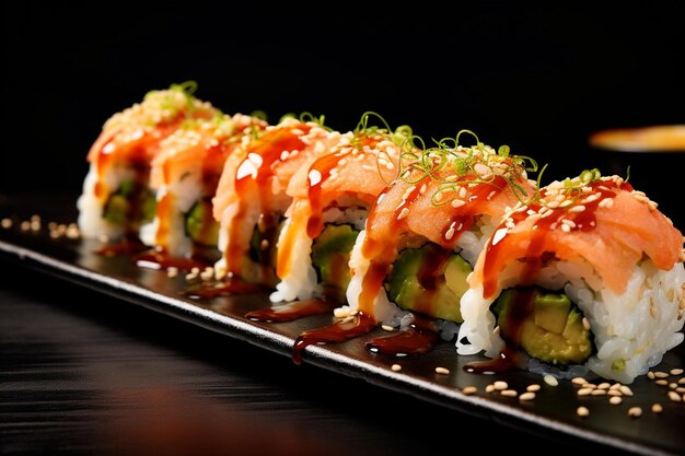 Widok boczny na rolki sushi z łososia tuńczyka i awokado pokryte sezamem na talerzu z wasabi i