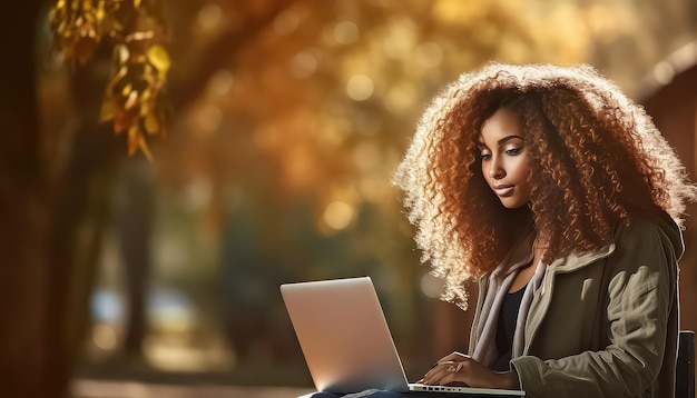 Widok boczny pięknej dziewczyny używającej laptopa w parku jesieniowym