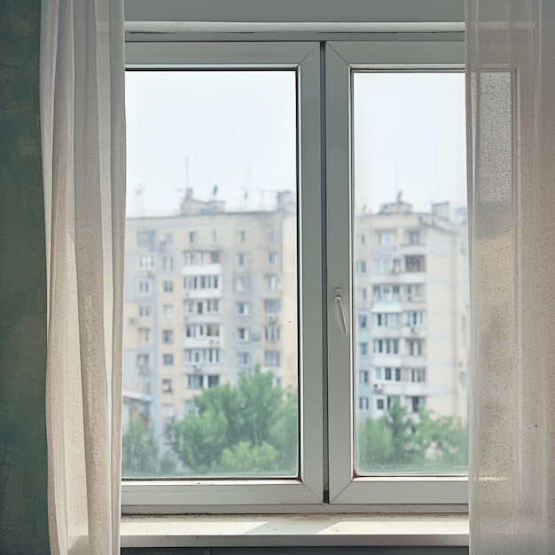 Widok brudnego okna w mieszkaniu mieszkalnym wymagającym czyszczenia dla mediów społecznościowych