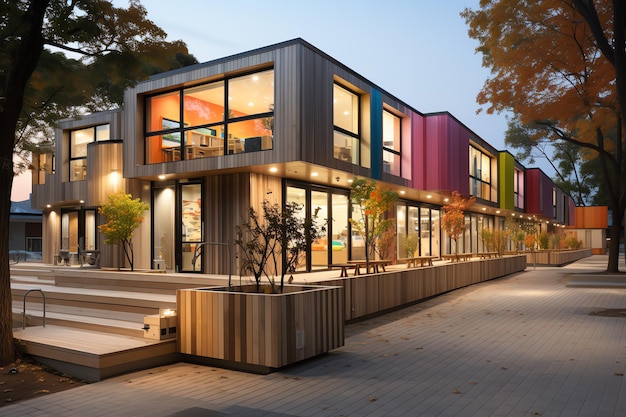 Widok budynku do nauki wczesnego dzieciństwa Projekt z nowoczesną zewnętrzną powierzchnią wykonaną z drewna i płaskim dachem