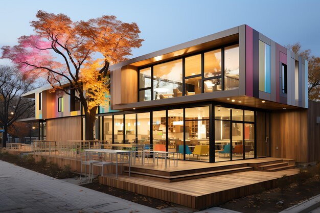 Widok budynku do nauki wczesnego dzieciństwa Projekt z nowoczesną zewnętrzną powierzchnią wykonaną z drewna i płaskim dachem