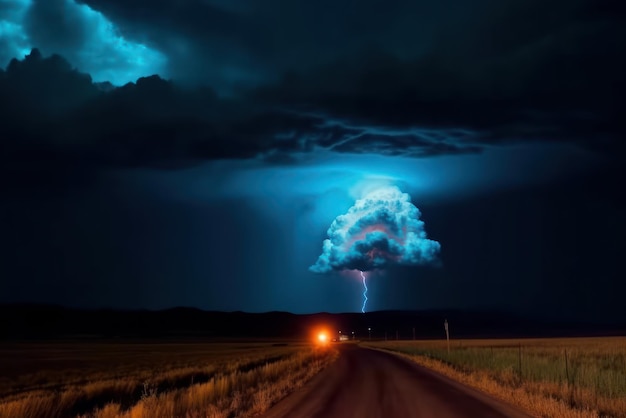 Widok burzliwego nocnego nieba nad drogą biegnącą przez pole ciężka burza z piorunami cumulonimbus clou