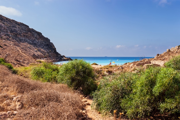 Widok Cala Pulcino sławny denny miejsce Lampedusa