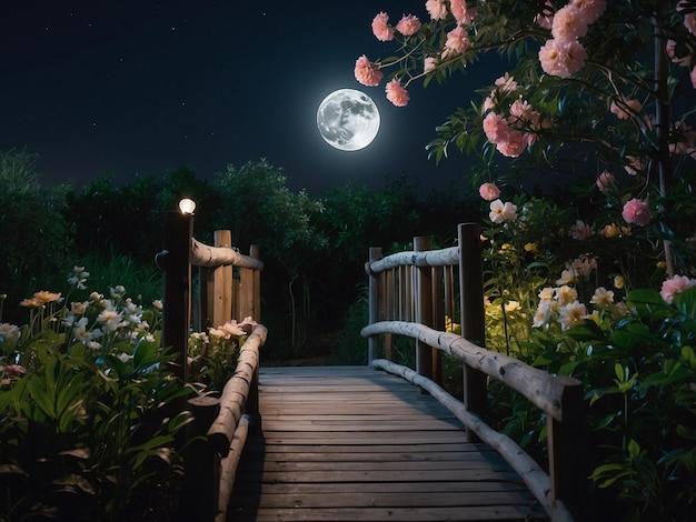 Widok drewnianego mostu w nocy z pełnym księżycem świecącym na ogrodzie pełnym kwiatów