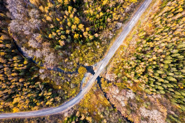 Zdjęcie widok drone do brudu rzecznego samochodu drogowego jesienny las