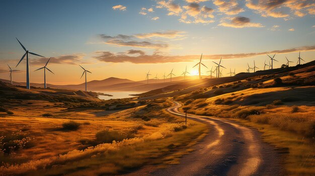 Widok dynamicznej farmy wiatrowej o zachodzie słońca zrównoważonej energii