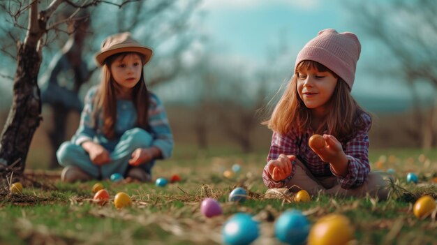 Widok dzieci bawiących się kolorowymi jajkami na trawie