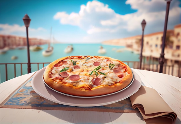 Widok dzienny pizzy podawanej na naczyniu z rozmytym tłem, widokiem na morze Generatywna Ai