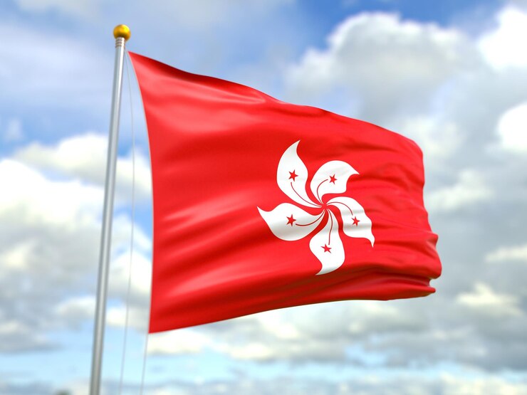 Widok flagi hongkongu na wietrze