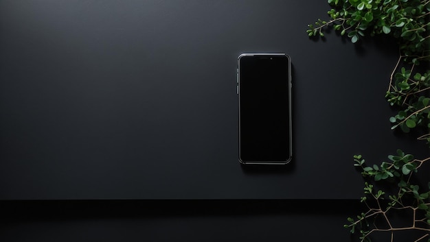 Zdjęcie widok górny smartfon nad czarnym tłem stołu tło z kopiowaniem przestrzeni minimalistyczna koncepcja