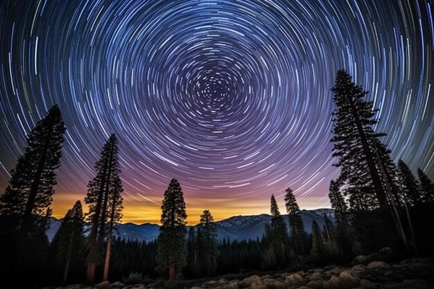 Zdjęcie widok góry z śladem gwiazd na niebie generatywny ai