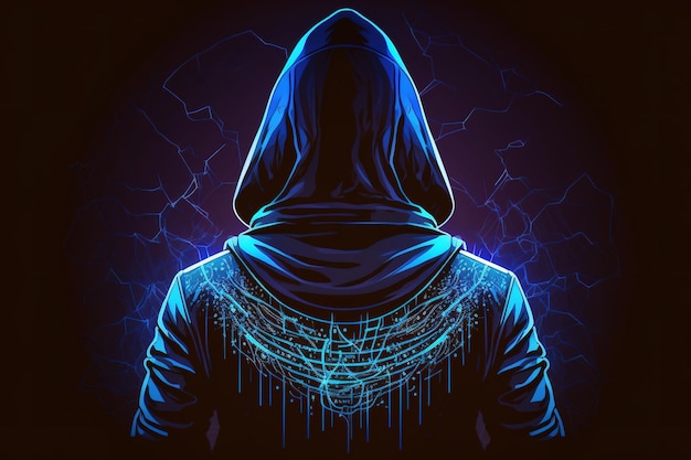 Widok hakera w bluzie z kapturem z tyłu Niebezpieczny haker z kapturem Internetowy cyber